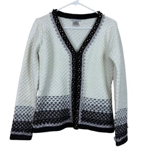 Alberto Makali Beaded Knit Navy White Sparkly Cardigan Sweater Size XL - Picture 1 of 7